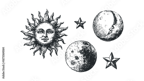 Vintage sun, moon, and stars celestial graphic with hand-drawn texture. Vector hand drawn illustration