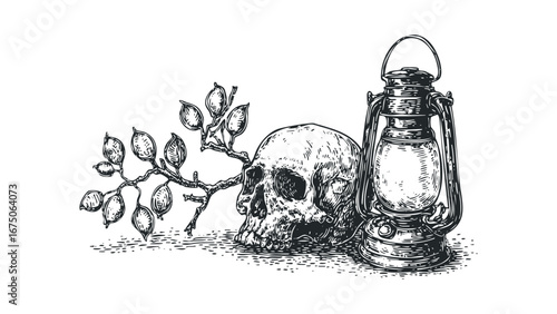 Macabre still life of a skull, oil lantern, and dried seed pods on a textured surface. Vector hand drawn illustration