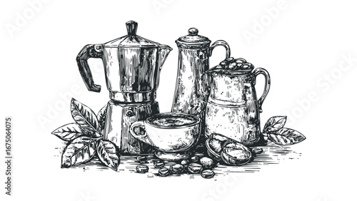 Vintage Black and White Coffee Preparation Still Life with Beans and Leaves. Vector hand drawn illustration