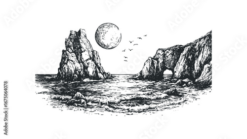 Ink sketch of rugged coastal rock formations with a full moon and flying birds. Vector hand drawn illustration