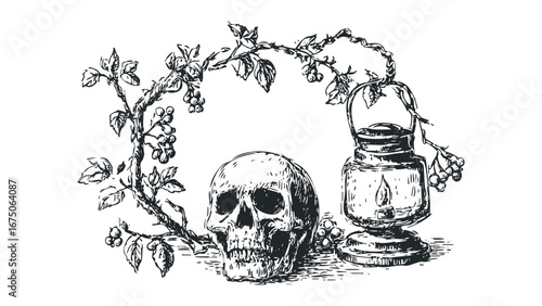 Macabre still life featuring a human skull, a lit lantern, and a vine with berries. Vector hand drawn illustration