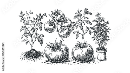 Hand drawn sketch of tomato plants and ripe tomatoes in various stages of growth. Vector hand drawn illustration