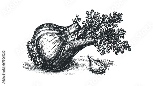 Woodcut Style Drawing of Fresh Fennel Bulb with Leafy Greens and Garlic Clove. Vector hand drawn illustration