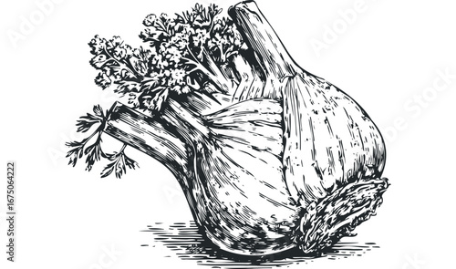 Garlic bulb with fresh parsley sprigs in vintage engraving style. Vector hand drawn illustration
