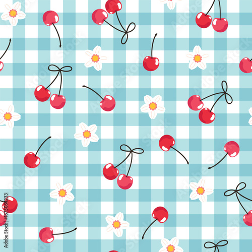 Cherry berry seamless pattern. Cottage aesthetic. Juicy summer picnic vector background with cherries and gingham check. Bright yummy wallpaper. Fruity sweet food illustration allover repeat print.