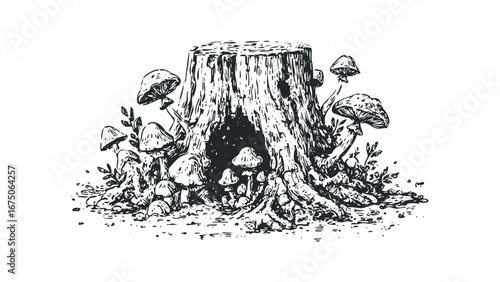 Fungus cluster sprouts from rough tree stump in detailed sketch. Vector hand drawn illustration