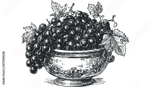 Vintage dark grapes with leaves in ornate bowl. Vector hand drawn illustration