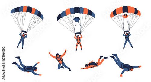 Illustrations of parachutists performing skydiving maneuvers in mid-air