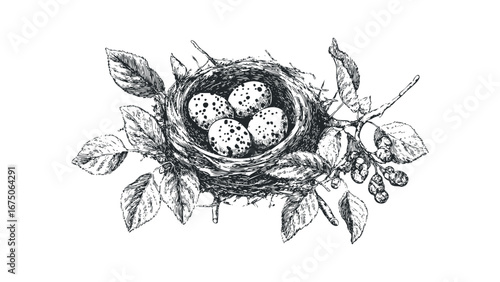Detailed sketch of a bird's nest with speckled eggs surrounded by leaves and berries. Vector hand drawn illustration