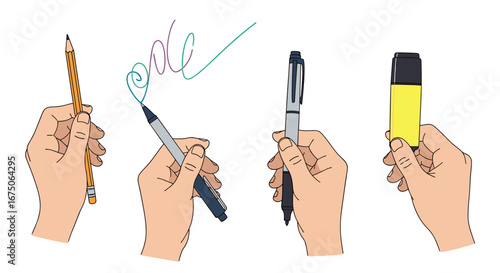 Collection of hands holding various writing implements demonstrating creative expression and learning through art supplies