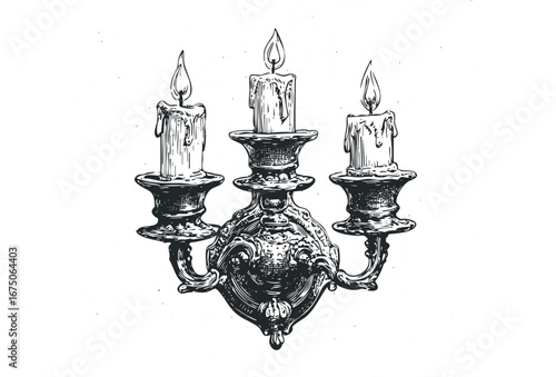 Antique Three Arm Wall Sconce with Dripping Candles. Vector hand drawn illustration