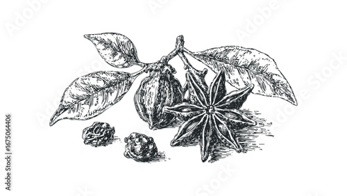 Ink sketch of star anise spice and dried pods with leaves on white background. Vector hand drawn illustration