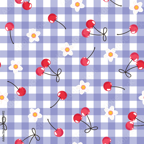 Cherry berry seamless pattern. Cottage aesthetic. Juicy summer picnic vector background with cherries and gingham check. Bright yummy wallpaper. Fruity sweet food illustration allover repeat print.