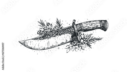 Ornate Survival Knife Adorned with Delicate Floral Embellishments. Vector hand drawn illustration