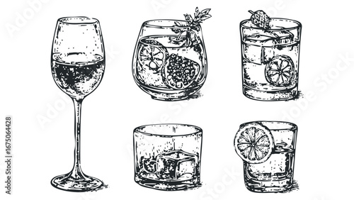 Hand Drawn Sketch Collection of Refreshing Alcoholic Beverages with Fruit Garnish. Vector hand drawn illustration