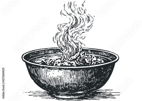 Detailed sketch of steaming food in a bowl. Vector hand drawn illustration