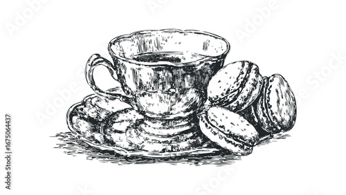 Vintage teacup with macarons on a decorative saucer, hand-drawn sketch. Vector hand drawn illustration