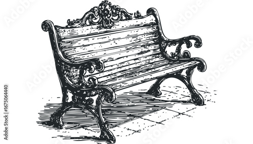 Ornate cast iron park bench with detailed scrollwork and wooden slats on a stone pathway. Vector hand drawn illustration