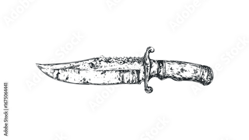 Antique Bowie Knife with Decorative Handle and Serrated Edge. Vector hand drawn illustration