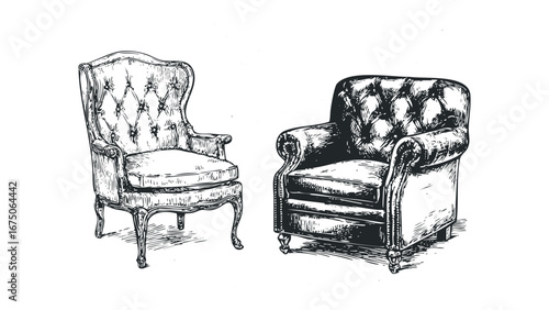 Two ornate upholstered armchairs, one wingback and one club, drawn in black ink on white.. Vector hand drawn illustration