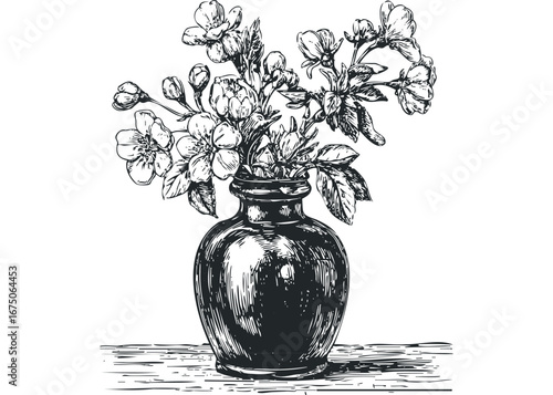 Vintage sketch of blooming branches in a dark vase on a striped surface. Vector hand drawn illustration