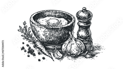 Vintage Sketch of Egg in Wooden Bowl with Garlic, Carrot, and Pepper Grinder. Vector hand drawn illustration