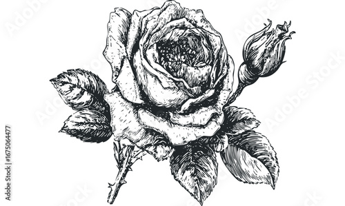 Detailed Engraving of a Blooming Rose and Unopened Bud with Leaves. Vector hand drawn illustration