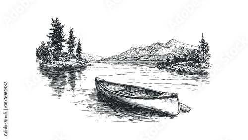 Serene Lakeside Scene with Traditional Canoe and Mountain Landscape. Vector hand drawn illustration
