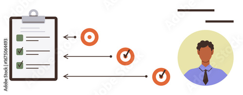 Clipboard with checklist connects to targets linked by arrows aligning with a professional figure. Ideal for productivity, planning, teamwork, leadership, personal growth, task delegation