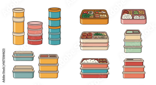 Collection of stackable food containers and lunch boxes for meal preparation and storage