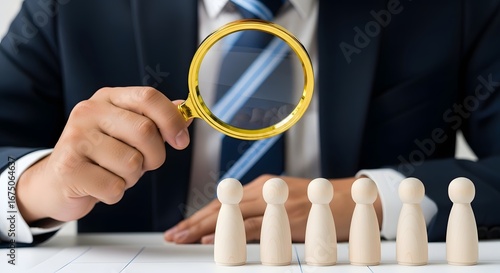 A person in a suit holding a magnifying glass over wooden figures on a white surface table top