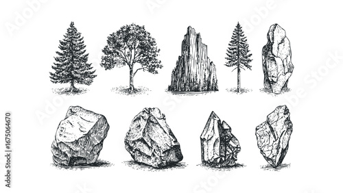 Collection of Hand Drawn Natural Elements Featuring Trees and Rocks. Vector hand drawn illustration