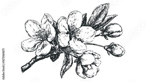 Hand Drawn Sketch of Blooming Cherry Blossoms on a Branch. Vector hand drawn illustration