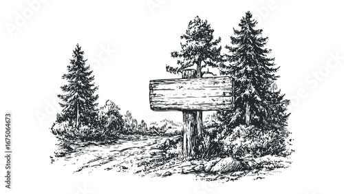 Wooden signpost with trees and path in monochrome sketch. Vector hand drawn illustration