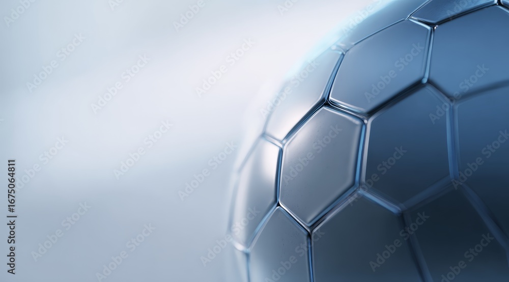 Fototapeta premium Close-up of abstract soccer ball edge with hexagonal patterns in blue shades, futuristic reflections and depth on soft light background, sports technology innovation
