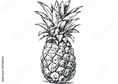 Detailed Sketch of a Tropical Pineapple with Green Spiky Crown. Vector hand drawn illustration