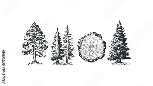 Collection of Hand Drawn Evergreen Trees and Wood Cross Section Sketch. Vector hand drawn illustration