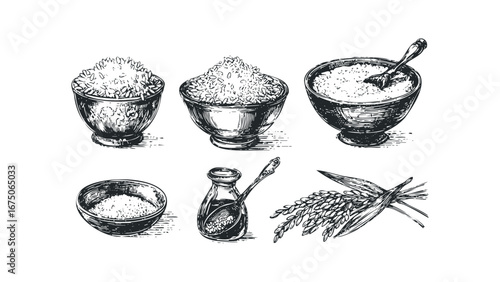 Collection of Hand Drawn Rice Bowls and Grain Stalks. Vector hand drawn illustration