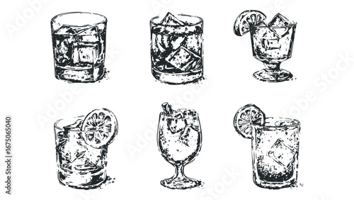 Collection of Hand Drawn Cocktail Drinks with Ice and Citrus Garnish. Vector hand drawn illustration