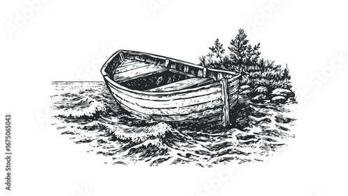 Wooden rowboat moored beside a grassy shore with textured water. Vector hand drawn illustration