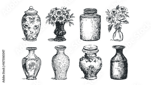 Collection of Vintage Style Vases and Jars with Floral Arrangements. Vector hand drawn illustration