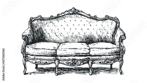 Sketch of an ornate antique sofa with button tufting and carved legs. Vector hand drawn illustration