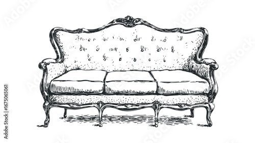 Hand Drawn Vintage Sofa Sketch on White Background. Vector hand drawn illustration