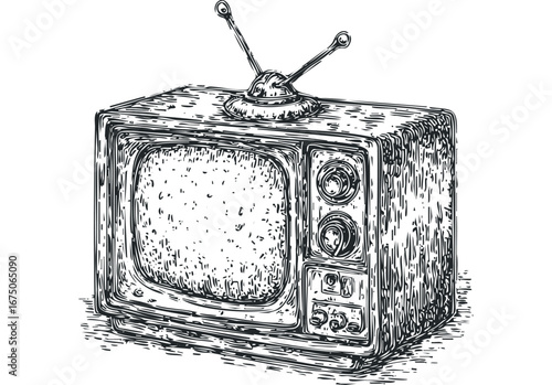 Vintage television with rotating antenna and dials. Vector hand drawn illustration