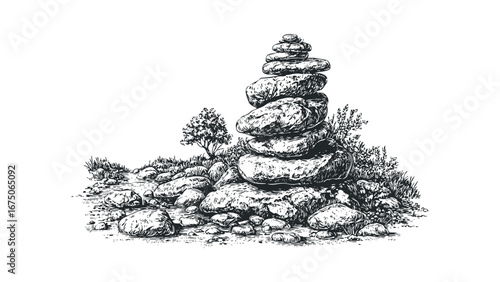 Stacked balanced stones on rocky shore with foliage and water. Vector hand drawn illustration