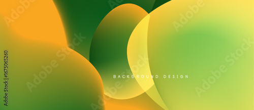 Abstract fluid shapes blend orange, green, yellow hues. Smooth gradients create dynamic background design. Minimalist aesthetic.
