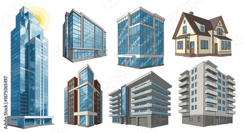 Collection of diverse architectural styles featuring modern office buildings and residential apartments