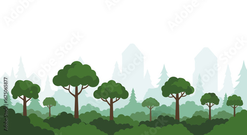 Serene Forest Landscape Vector Illustration with Lush Green Trees and Distant Mountain Silhouettes for Nature-Themed Designs and Backgrounds