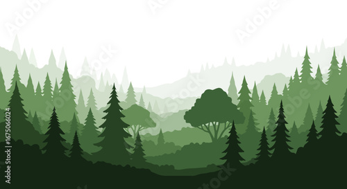 Serene Forest Landscape Illustration Featuring Dense Evergreen Trees and Rolling Hills in Varied Green Hues, Ideal for Nature-Themed Designs and Backgrounds