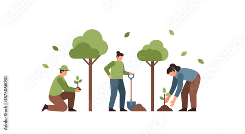 People Planting Trees for Environmental Conservation and Sustainability Initiatives, Ideal for Promoting Ecological Awareness and Community Involvement in Reforestation Projects